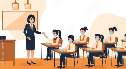 Illustration of a teacher giving face masks to students in a classroom for safety measures during