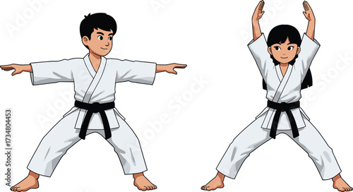 Children practicing karate in white gi with black belts on white background martial arts girl