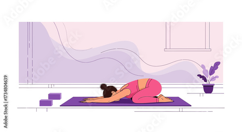 Illustration of a woman in Child's Pose practicing yoga for relaxation and mindfulness in her