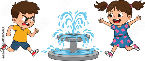 Children running near a splashing water fountain on white background girl playing