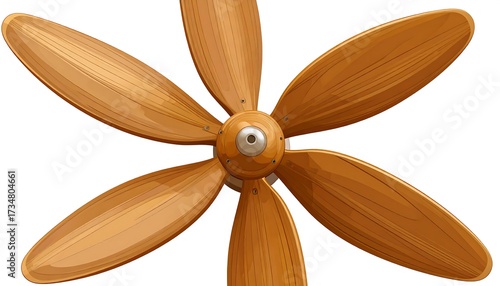 A detailed illustration of a ceiling fan with wooden blades against a plain white background.