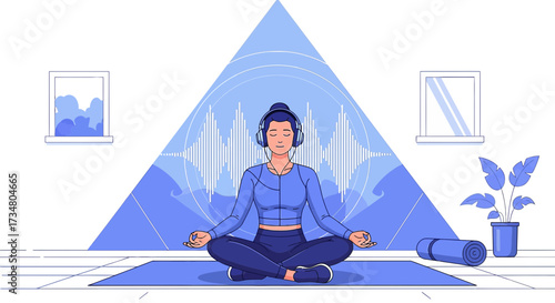 Illustration of a woman meditating at home with headphones and sound waves background illustration