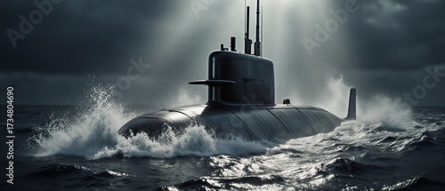 submarine periscope emerging from ocean waves under a cloudy sky | military, security, technology, adventure, thriller theme