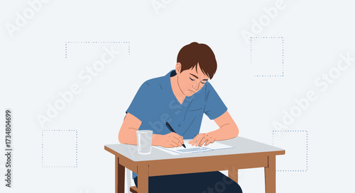 Illustration of a young man concentrating while writing on a paper at a desk attentively