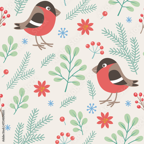 Seamless pattern of bullfinches foliage berries and snowflakes