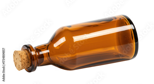 Amber glass bottle with cork isolated on transparent background, vintage apothecary container for potion or medicine
