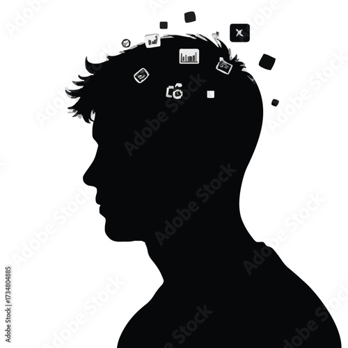 Young Man Silhouette with Floating Digital Icons Social Media and Information Overload Concept