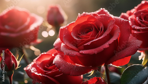 The Beauty Of Fresh Red Roses With Dewdrops Glistening In The Light