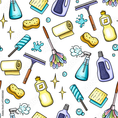 Seamless pattern of cartoon cleaning supplies