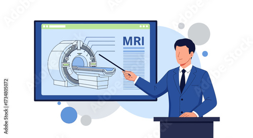 Illustrative depiction of a man presenting an MRI machine anatomy on a screen showcasing details