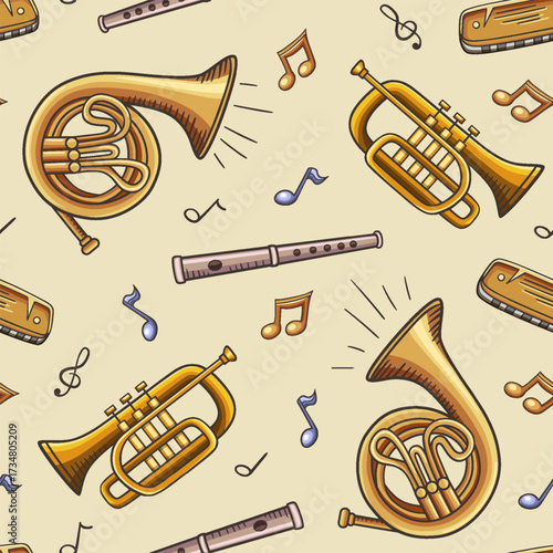 Seamless pattern of cartoon musical instruments and notes