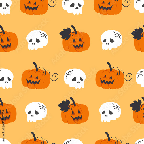 Seamless pattern of cartoon Halloween pumpkins and skulls