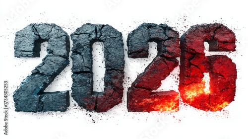Conceptual 2026 graphic with cracked numbers transforming from icy blue to fiery red lava, symbolizing dramatic change and transformation