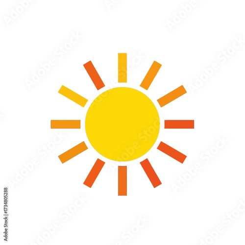 A bright yellow sun with orange rays radiating outwards against a white background, symbolizing warmth and daylight.
