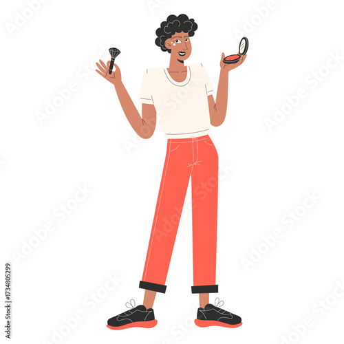Person holding makeup brush and compact