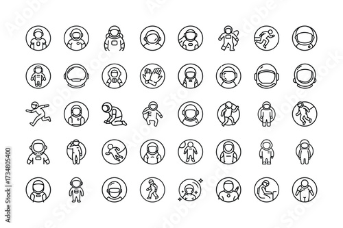 Vector art of set of astronaut and space exploration related line art icons in circles