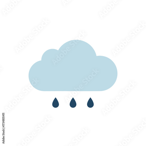 A simple, stylized illustration of a light blue cloud with three dark blue raindrops falling from it against a white background.
