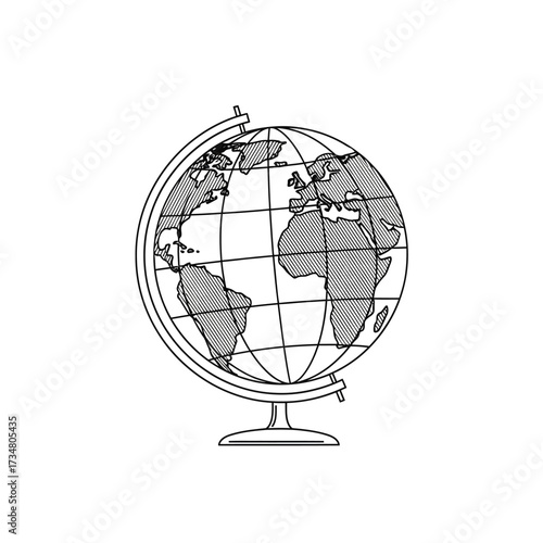 A black and white line art illustration of a terrestrial globe showing continents and grid lines on a stand.