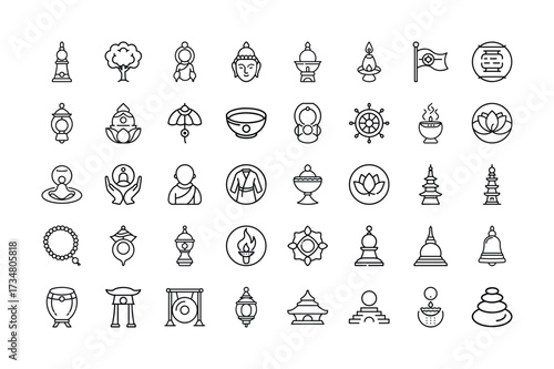 Vector art of collection of handdrawn black and buddhist icons and symbols, isolated a, representing spirituality, meditation, and enlightenment