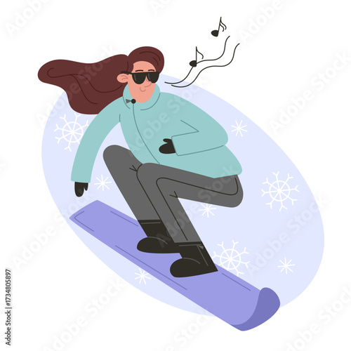 Person snowboarding with music notes overhead