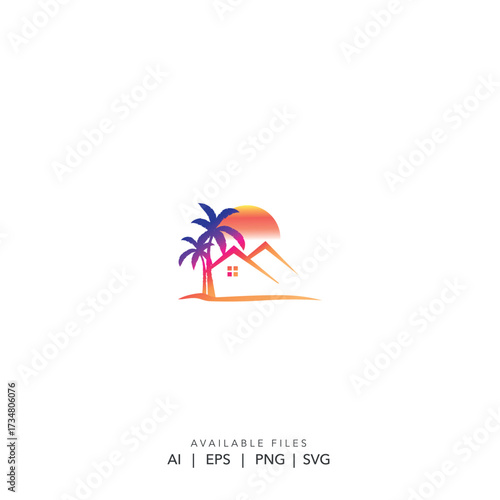 Tropical real estate company logo, Minimalist beach house resort icon