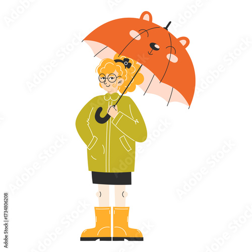 Person with orange bearshaped umbrella in raincoat and boots