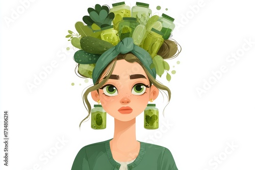 Playful cartoon girl with green eyes and headscarf among jars and plants symbolizes creativity, youth, and eco-friendly lifestyle in modern minimalistic design