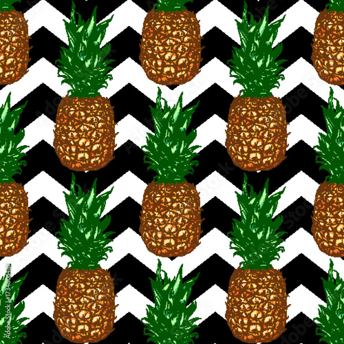 Pineapples on black and white chevron pattern