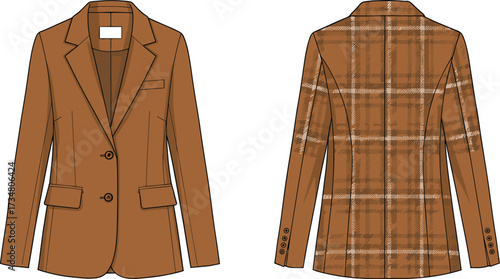 Front and back view of a brown plaid blazer with two buttons and pockets jacket tartan