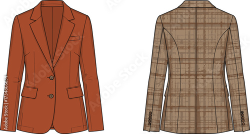 Front and back view of an orange plaid blazer with two buttons and pockets jacket tartan