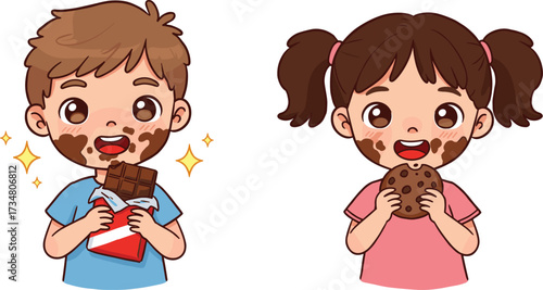 Happy children with chocolate smeared faces eating sweets on white background girl