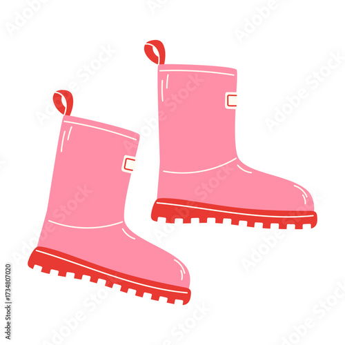 Pink rain boots with red soles and pull tabs