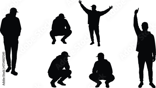 Male Silhouettes in Various Poses on White Background Keywords: male, silhouette, man, person, figure