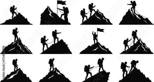 Mountain Climber Silhouettes Reaching Summit with Flags on White Background Keywords: mountain