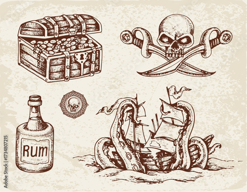 Pirate imagery treasure chest skull and crossbones rum bottle sea monster ship