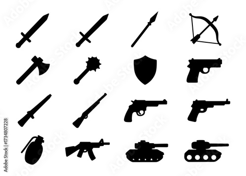 Silhouette icon set: medieval and modern weapons collection with swords, guns, and tanks