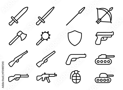 Set of outline icons for weapons and military equipment