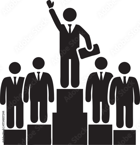 Leader standing tall on podium with team members showing success and achievement
