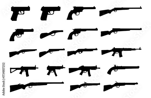 Black silhouettes of various guns in rows
