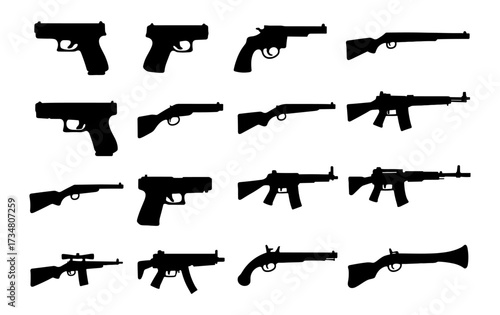 Silhouette collection of various guns and weapons in black