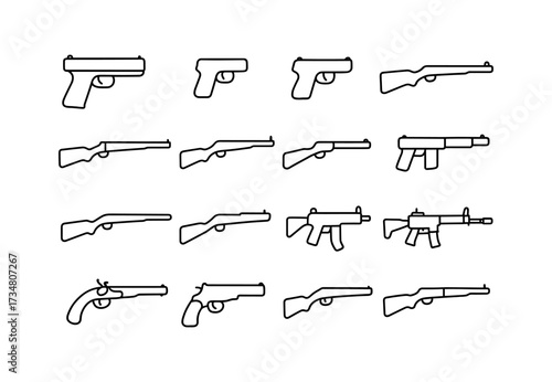 Outline set of various guns with minimalist line art style