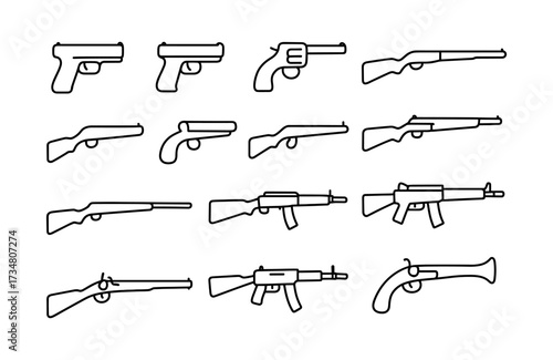 Outline set of various firearms: pistols, rifles, shotguns, and revolvers