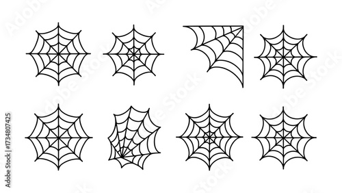 Set of eight linear spider web designs for halloween decoration and art projects