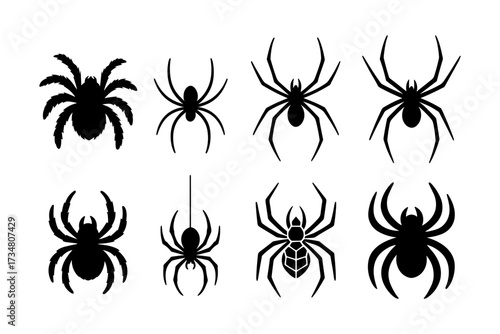 Collection of black spider silhouettes in various poses and styles