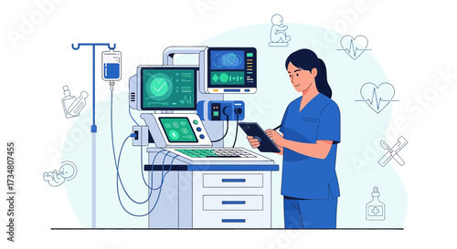 Illustrative portrayal of a dedicated female healthcare professional utilizing cutting edge