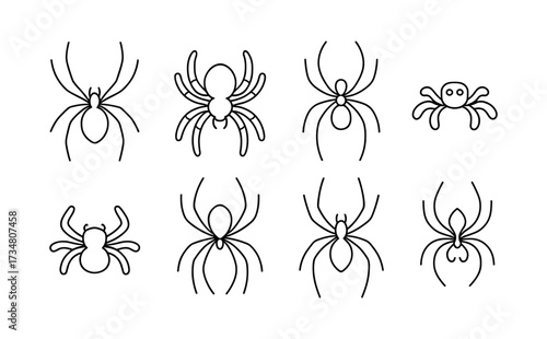 Set of minimalist spider outlines in linear style for design projects