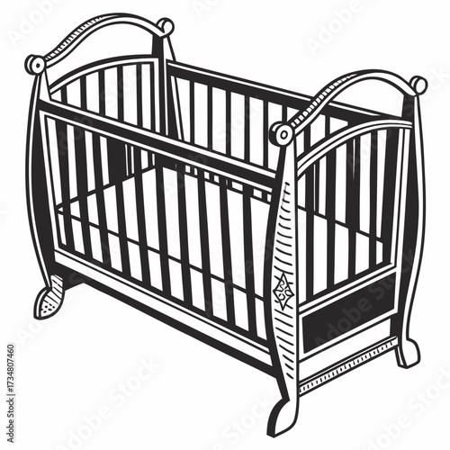 Baby Wooden Crib Illustration black and white