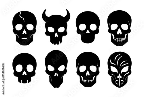Black skull silhouettes collection: variety of dark, bold skull designs