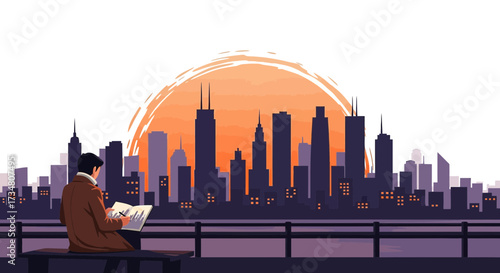 Illustrative scene of a person analyzing data against a city skyline backdrop at sunset