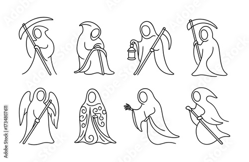Minimalist grim reaper and angel line art collection in various poses